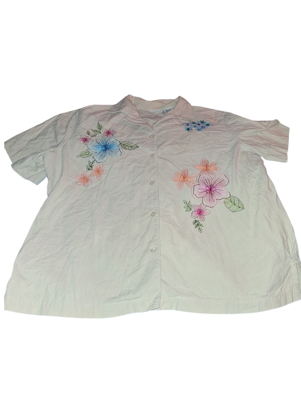 Alfred Dunner Cream Short Sleeve Button-Up Top with Multicolor Floral Embroidery